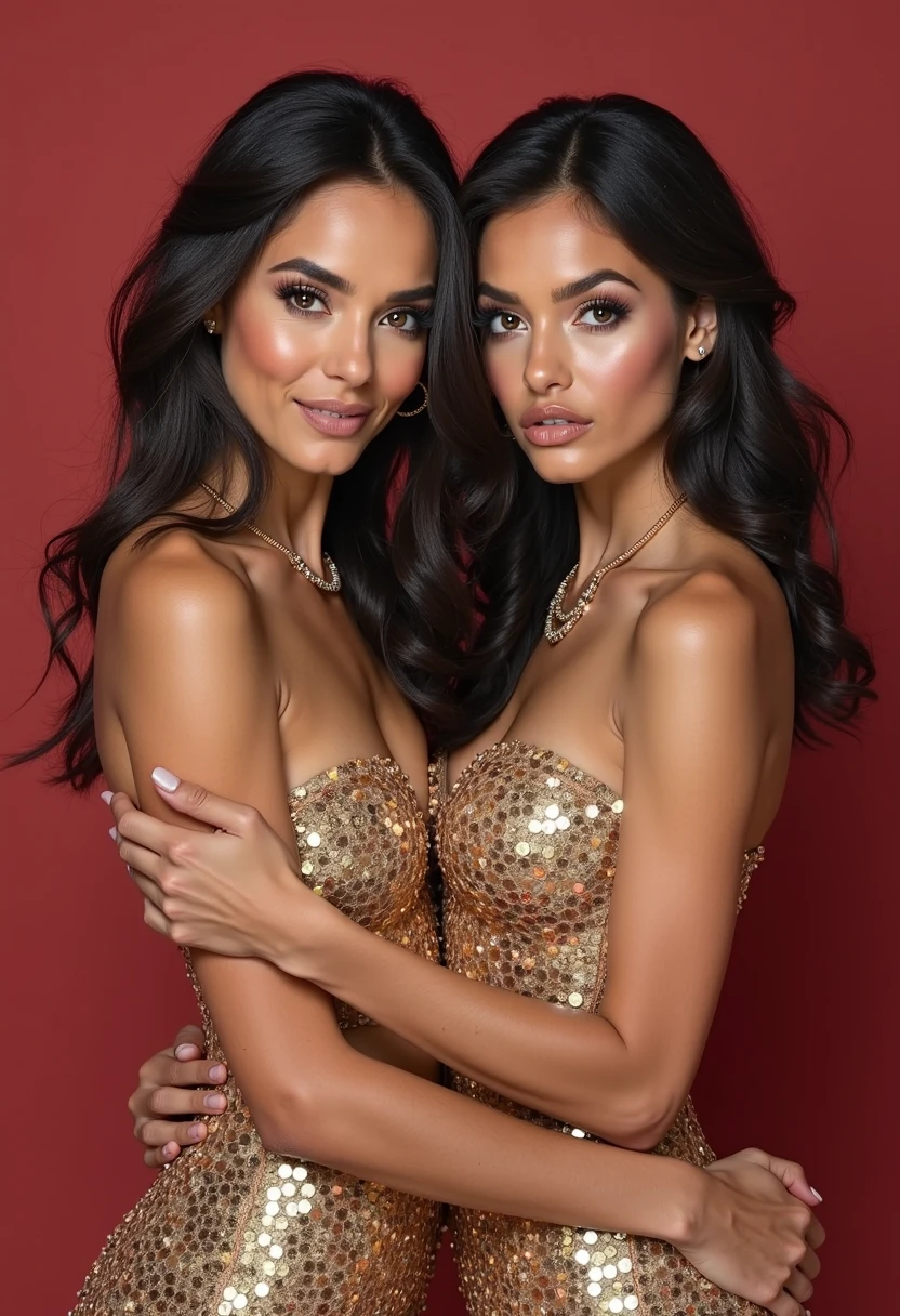masterpiece, best quality, extremely detailed CG unity 64k wallpaper, ultra-high resolution, ultra-high definition, maximalist, 64k UHD, highres, intricate, intricate details, highly detailed, finely detailed, ultra-detailed, moonlight, night, full body portrait, two girls, 2 Albanian women, 30 years, cute, neat face, detailed, small neat nose, neat plump lips, big eyes, neat eyes, brown eyes, Alice Milano, long hair, curly hair, natural shine, chocolate hair, gorgeous, city girls, western, hot girls with a cute face, full body portrait, 2 women in luxury outfit in the fantasy world, platinum updo, touching her hair