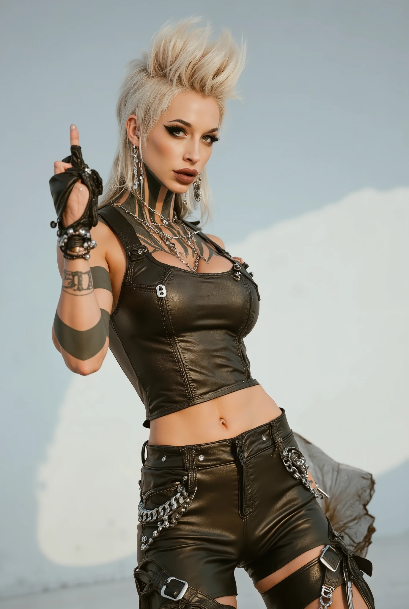 A solo female Goth and punk supermodel posing confidently