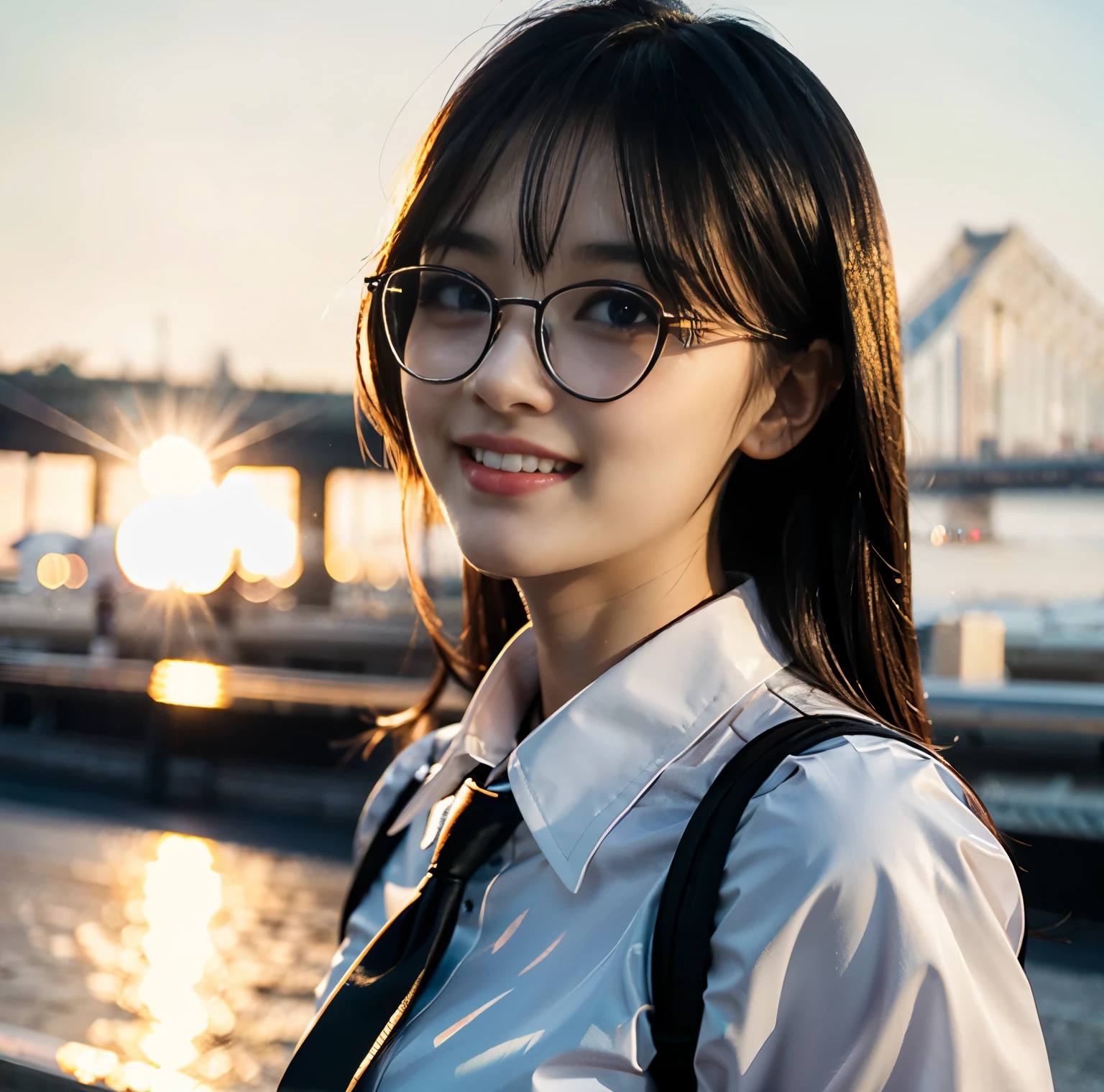 8K quality, pictures, Two beautiful men and beautiful women, Beautiful like a goddess, in the city where the backlight of the intense sunset is dazzling, From the neck up, Red thin string ribbon tie on the collar, (Fine silver glasses), (Brilliant, beautiful, bright blue eyes:1.2), (Beautiful hair blowing in the wind), White Porcelain Whitening Skin, has bangs, super big , Photograph, look at the camera and smile,