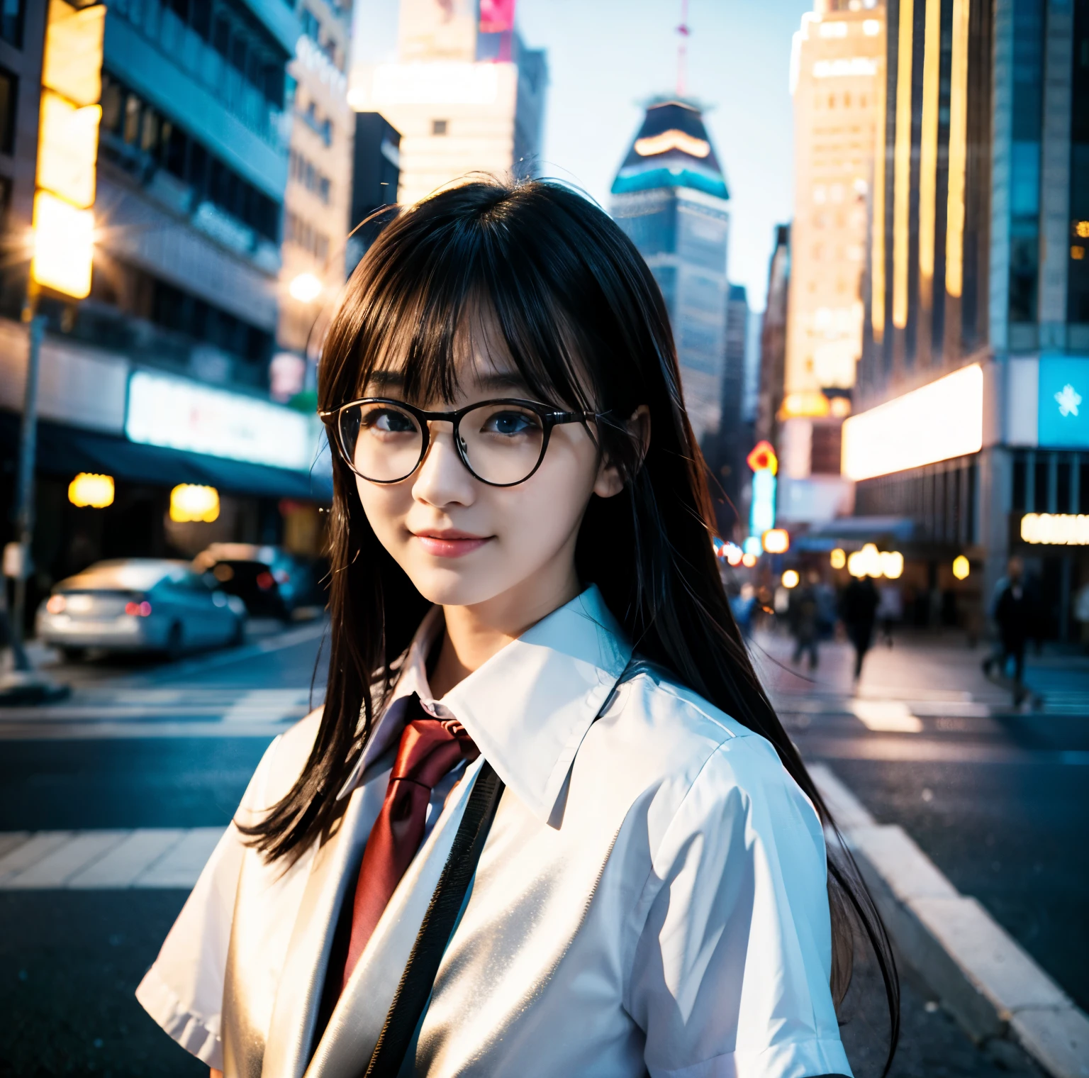 8K quality, pictures, Two beautiful men and beautiful women, Beautiful like a goddess, in the city where the backlight of the intense sunset is dazzling, From the neck up, Red thin string ribbon tie on the collar, (Fine silver glasses), (Brilliant, beautiful, bright blue eyes:1.2), (Beautiful hair blowing in the wind), White Porcelain Whitening Skin, has bangs, super big , Photograph, look at the camera and smile,