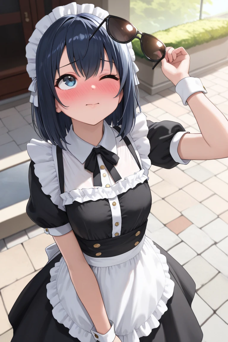 1 girl, alone, breast, looking at the audience, blush, short hair, blue eyes, hair accessories, skirt, ribbon, medium breast, blue hair, hair ribbon, Outdoor activities, Detached sleeves, sky空, sky, hair covering one eye, apron, blue sky空, maid, maid headskirt, x hair accessories, pink ribbon, roswaal mansion maid uniform