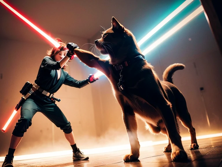 A black cat and an orange cat fighting with lightsabers