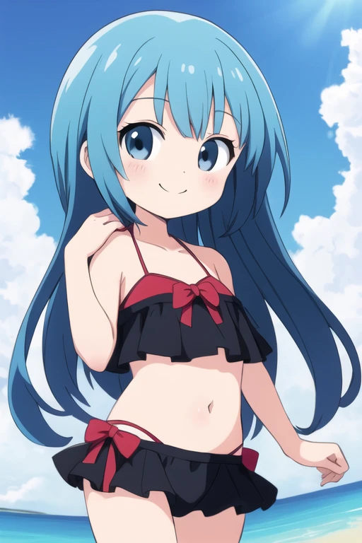1girl, bikini, side-tie bikini bottom, ass,, masterpiece, best quality, highly detailed, long dark blue hair, blue eyes, white hat