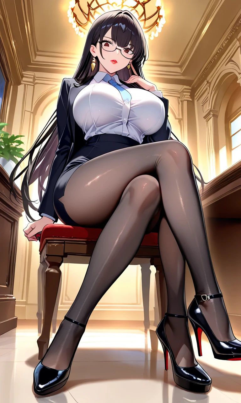 (Masterpiece, Best quality, High quality:1.4), (Curvy:1.1), Sit cross-legged at your desk, Office, (Full body shot:1.1),
Long hair, lipstick, Makeup, Ultra Detail Hair, Ultra Detail Face, (Purple eyes:1.05), Perfect eyes, Perfect face, Earrings, (Confused, Blush:1.2), (a garter belt:1.1), pencil skirts, office uniform, high-heels, tall, long sexy legs,
(Large breasts:1.1), cleavage, Big ass, Thighs,