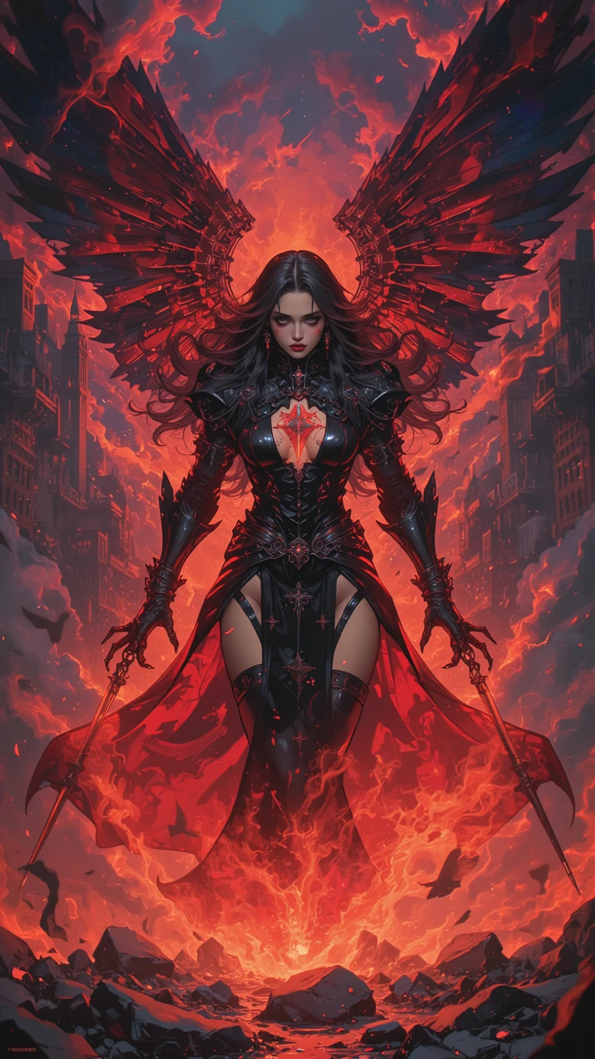 (masterpiece, 8k, 4k, extremely detailed, dynamic shading, best quality, absurdres:1.1) nice hands, perfect hands, sexy, mature, milf, 1girl,(large breasts, Thick thighs, curvy hips:1.3)malenia blade of miquella, very long red hair, helmet over eyes, red coat, gold arm, flowing robes, sandals, holding long katana, gold greaves, wings, floating in the sky with wings spread, rotting skin, scarlet rot, poisonous red clouds