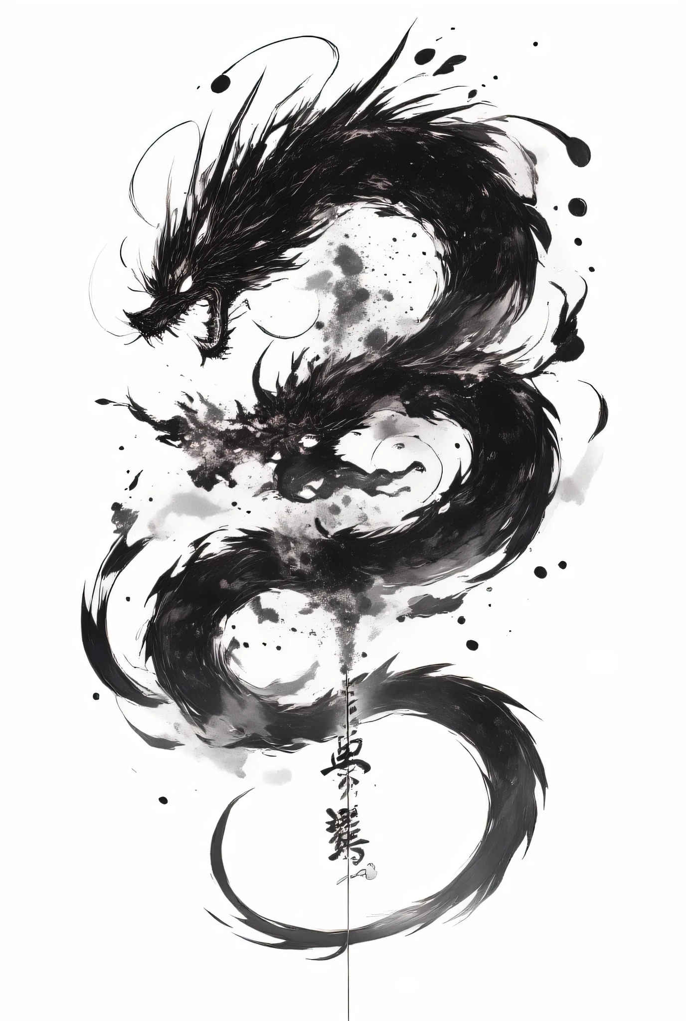 obra-prima, kneeling, retina, black and white art, Noriyoshi Oorai style , (dragon, rugindo), dynamic angles , dynamic brushstrokes, dragon chinês silhueta, oriental
