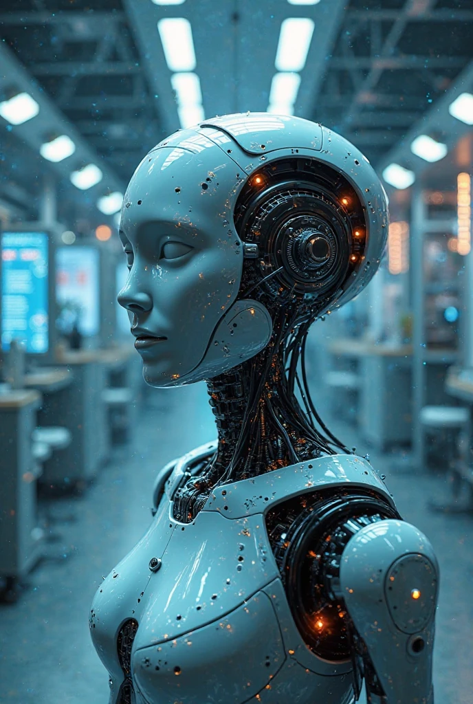 a portrait of robot woman in garage at night, science_fiction