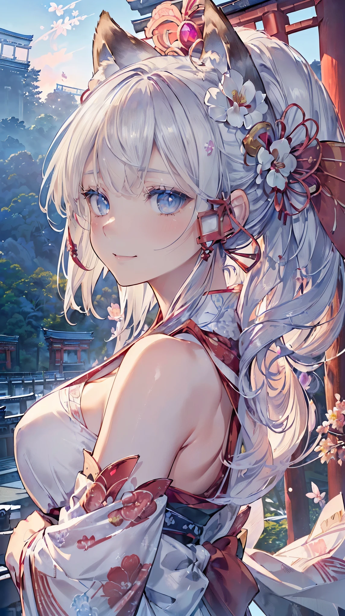 ((silver hair)),((pink eyes)),((long hair with curls)),((With bangs)),((fashion//Traditional and sexy red, white and light blue costume:1.3)),((Cute and moving around energetically)),((lots of flowers:1.35)),(blush),((happy face:1.2)),(close up of face:1.3),((celebration)),(NSFW),((small breasts:1.2)),