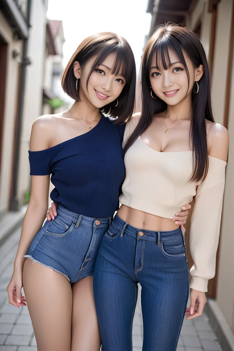 masterpiece, best quality, highres, photoreaslistic, detailed face,perfect anatomy, ((2girls side by side cudding leaning forward standing)), (Apartment hallway), pastel color off shoulder sexy mini skirt tight dresses, (gigantic breasts:1.2),upward breasts,narrow shoulder width,slender,slim waist,curvy, wide hip,big hip,big thigh, short black hair,high ponytail, smile,Makeup, from front,full body,breasts level shot, 25yo,japanese ladys,idol face,milf,house wife,wedding band,
