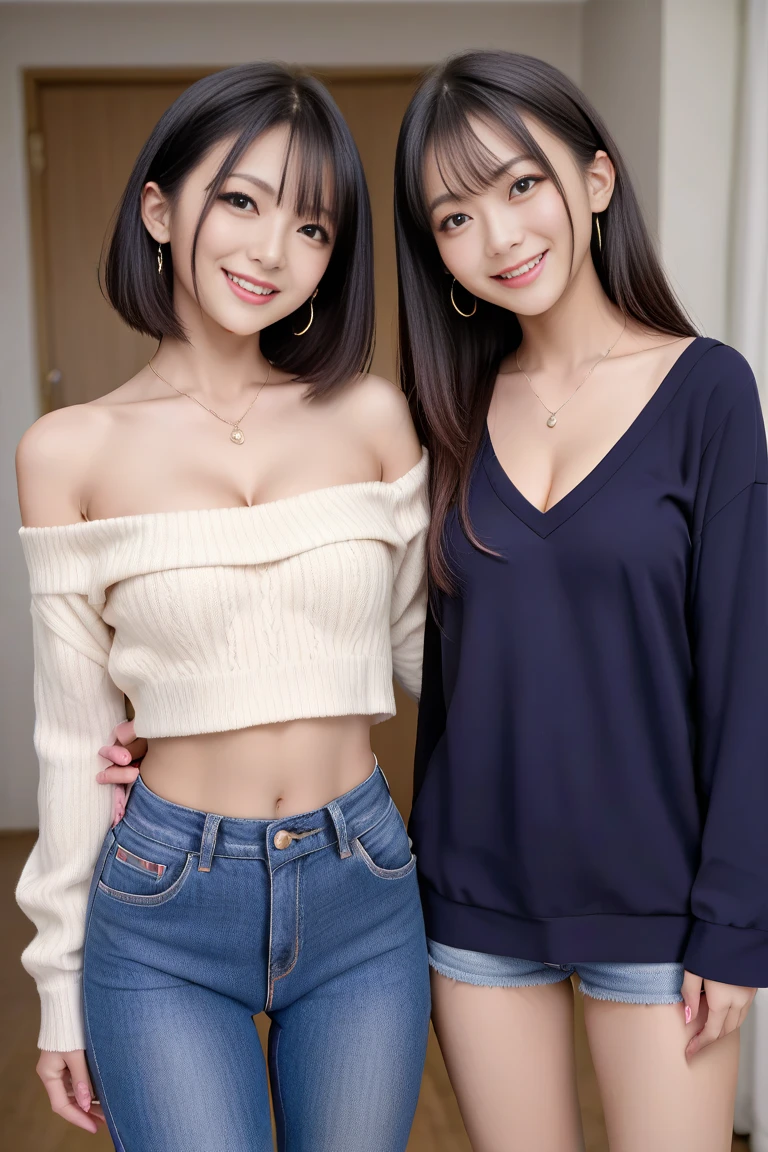 ultra detailed, best quality, a casual photo of two girls, natural background, wide smile, loose short wavy hair, off the shoulder sweater, high rise shorts, massive breasts, cleavage, (longneck:1.4)