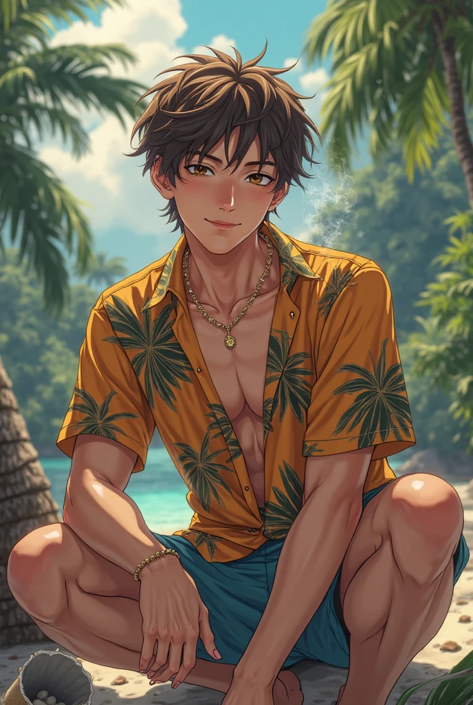 alone, looking at viewer, blushing, smiling, short hair, bangs, rosary eyes, Tan hair, shirt, 1boy, navel, hair between eyes, jewelry, open mouth giving piercing tongue, short sleeves, male focus, cowboy shot , sweat, earrings, outdoors, open clothes, sky, day, collared shirt, belt, pants, Light skin, water, necklace, tree, wet, open shirt, ocean, beach, black pants, floral print, abdomen, dark skinned man, Cross, pectorals, arms behind head, backlight, toned, sunset, sand, palm tree, toned male, men's swimwear, Hawaiian shirt