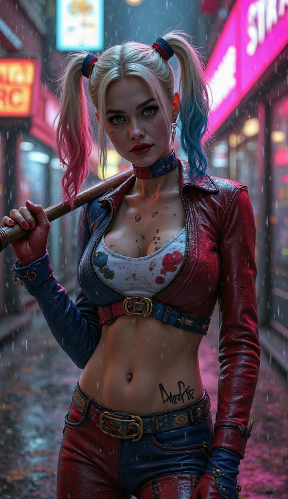 ((NSFW)) Masterpiece, portrait of a beautiful young lady with the apearance of harley quinn with pretty make-up and black and red glossy lips. She is posing seductively with a sexy and sultry expression while laughing and holding a basball bat. She has a tattoo of a skull and heart, and a small diamond tattoo under her eye. She has thick long blonde hair tied in twin bunches with pink and blue ends and she is wearing a small tight black and red leather jacket falling off one shoulder and tight black and red short leather skirt with chains and fishnet stockings. She is in on a city sidwalk at dusk and it is raining, she is wet. She has large Voluptuous breasts. One hand is cupping one of her breasts. Taken by professional photographer using a canon 5D mark 3. Extremely detailed and colourful --ar 2:3 --v 6.0 --style raw --s 750