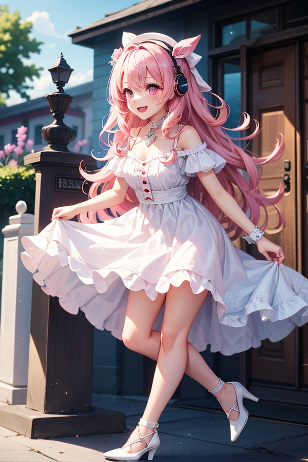 masterpiece, highest quality, Very detailed, High resolution, An expensive solution, High resolution, 4K, 8k, unity 8k wallpaper, Very detailed CG, masterpiece,  2D, 3D, Beautiful details, depth, Fine texture, highest quality: 1.3, Total concentration, Crisp skin, he, Very cute anime rabbit, A cute rabbit like an idol, expensive pink long hair, One Girl, Aloha One Piece, morning, morning食, Hibiscus Hair Accessories, Smiling long pink hair, whole body, Mole under the eye, Line Sight, expensive, blush, Lips parted, heart, Pink Eyes, choker