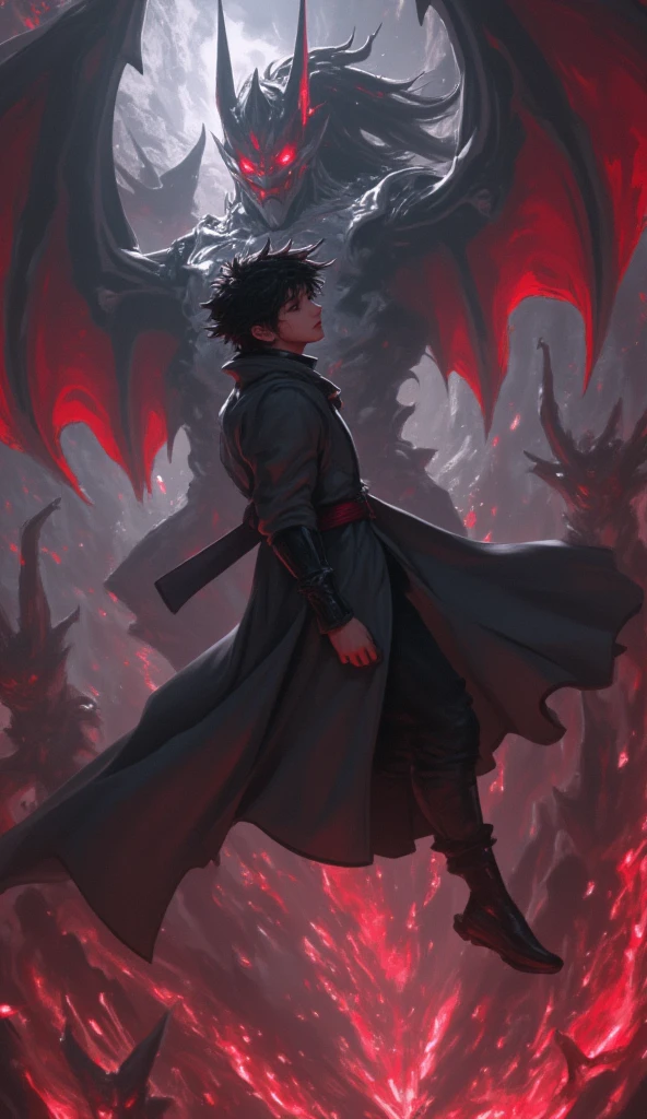 a man in a cloak with black, with a devil in his shadow