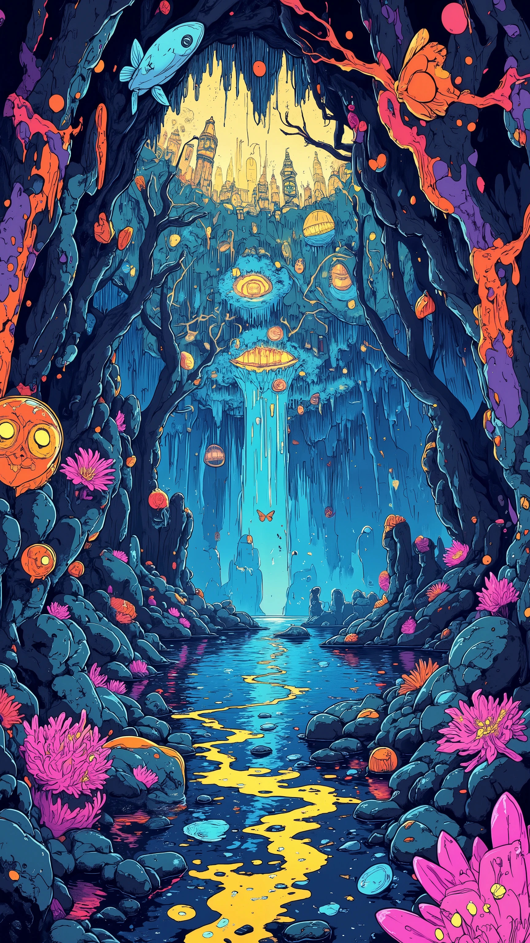 Empty scene，Colourful crystal caves，underground lake reflects an inverted stalactite forest，Each stone pillar is inlaid with a glowing amethyst vein。A silverfish that swims through will leave phosphorescent traces，and fluorescent algae hanging from the top of its head to form a three-dimensional light painting。The deepest crystal throne continuously secretes rainbow-colored amber，to solidify the mistaken butterfly forever in the flowing halo。