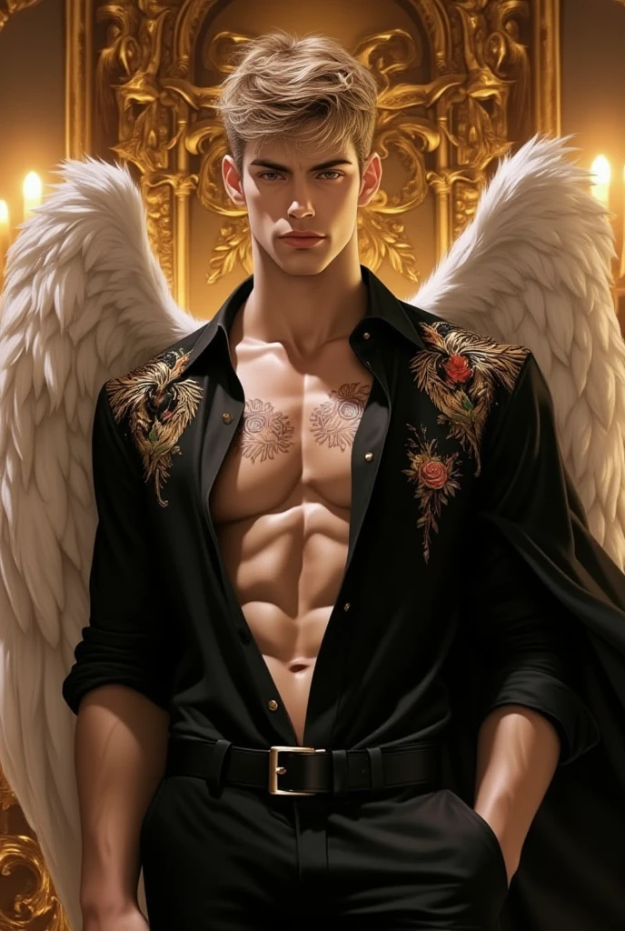 Young angel homem, mal, Parecido com coruja, com quatro asas negras, olhos vermelhos, mal look, aura escura, homem