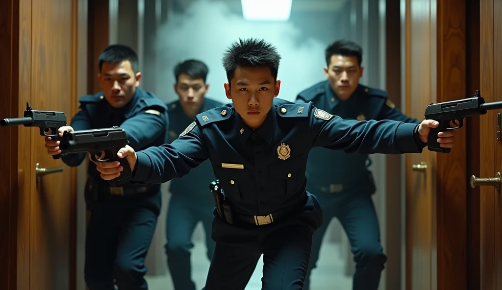 Real Man、Korean、「The Irregular at Magic High School」An Olympic shooting athlete cosplaying as a uniform、Shooting a rifle、indoor、whole body、live-action