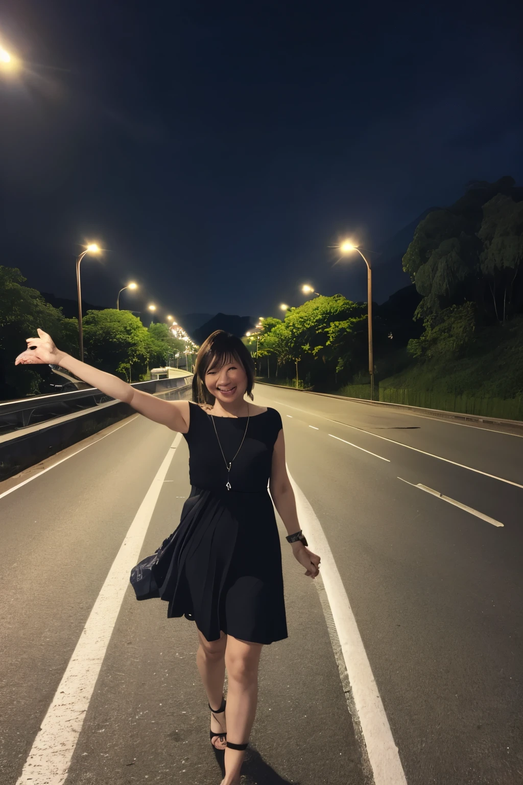 Car parts are scattered on the highway, and a black Prius is parked on the side of the road with its front end crashed. With this in the background, 44-years old Hirosue Ryoko is walking towards us.at night, She has her arms outstretched, posing like a cat scratching.