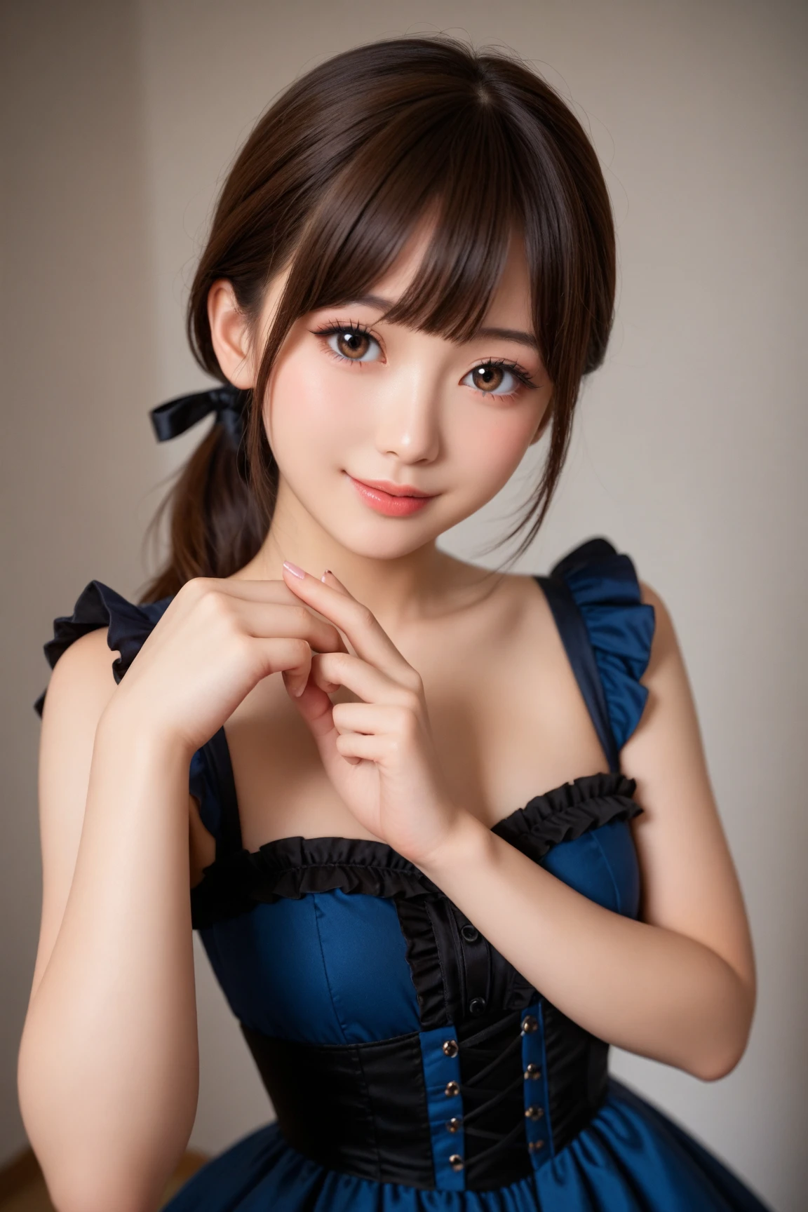 masterpiece, highest quality, (Beautiful woman:1.3), (24-years-old:1.3), Very fine grain definition, (Symmetrical eyes:1.3), (Upper Body:1.2),  (Hemp leaf pattern yukata:1.3), Brown eyes, Parted bangs, Brown Hair, Delicate girl, (Eye and facial details:1.0), (RAW Photos, Professional Lighting, Film Grain, chromatic aberration)、(cleavage、double bun、strap slip 、embarrassed、sad smile)、On the futon in a Japanese inn、Beautiful clavicle、Selfie、Put your hands up