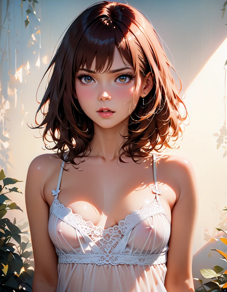 On the road,Beautiful woman、naked、Cleavage,Lace white strapless off-shoulder tube top bra,Shorthair twin tails,Chubby body type,Showing underboob,Exposing the underboob,Raise your arms
