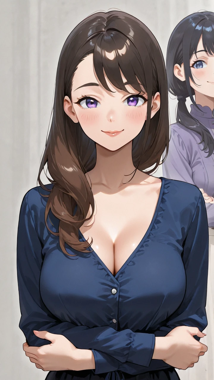 arafed woman with a blue top and black jacket standing in front of a building, teasing smile, at a city street, in city street, realistic , realistic artstyle, colored manga, with a large breasts, realistic manga, big breasts!, cel - shaded art style, digitally colored, urban girl fanart, comic digital art, revealing clothes