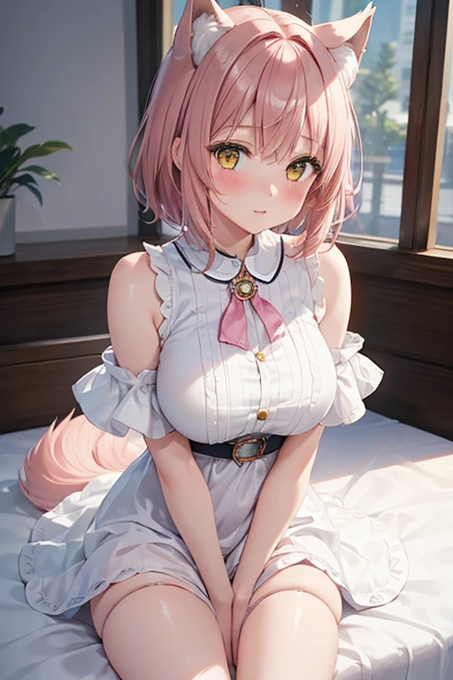 Masterpiece, best quality, super detailed, illustration, (1 girl), beautiful meticulous eyes, looking at the viewer, close-up, (breast focus), pink hair, shyness, cat ears, sitting on the ground, shyness, binding