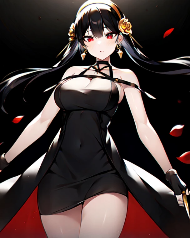 Yol, 1girl, 独奏, doress, length hair, breastsout, Look at viewers, bangss, hair adornments, Arms behind, cowboy  shot, Black dress, bare shoulders​, jewely, Mouth closed, florals, side locks, shairband, 耳Nipple Ring, sleeveless, black thighhighs, flower in hair, Black dress, Zettai Ryoiki Floating Hair, cparted lips, Gold Hair Band, (Spread your legs apart), sitting on, Black background, bloods background、top-quality、An ultra-high picture quality、are visible、Beautiful nipples、Beautiful areola、in her 20s