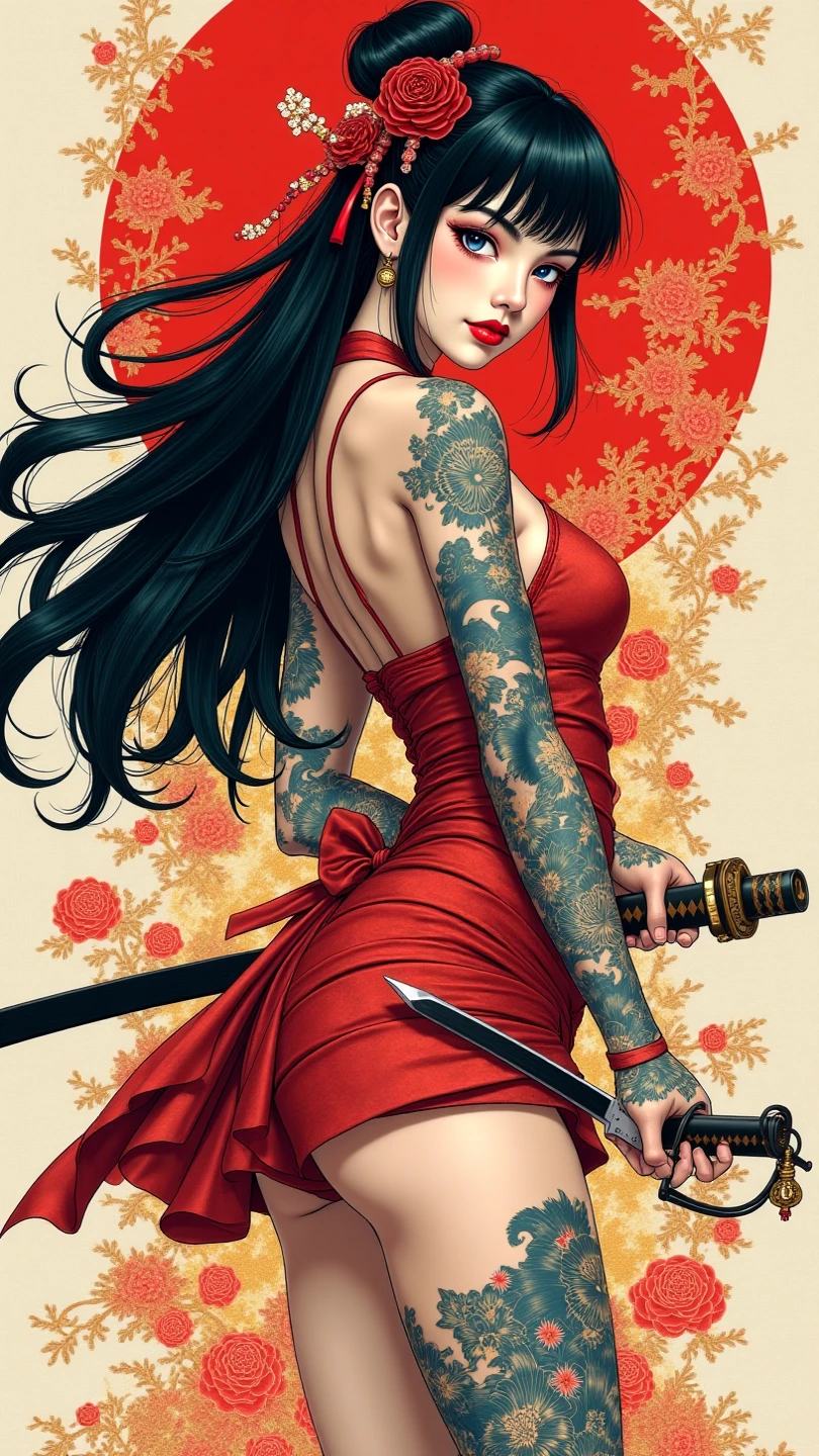 a girl pin up, roses background, masterpiece, high quality, 8k, high resolution, high detailed, Japanese, samurai, vibrant colors ready to print in tshirt, adobe illustrator