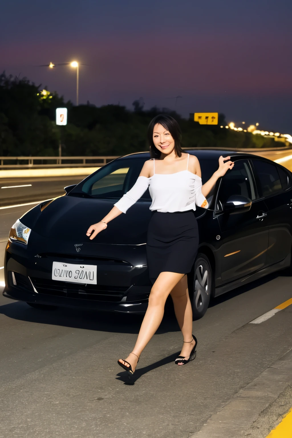 Car parts are scattered on the highway, and a black Prius is parked on the side of the road with its front end crashed. With this in the background, 44-years old Hirosue Ryoko is walking towards us.at night, She has her arms outstretched, posing like a cat scratching.