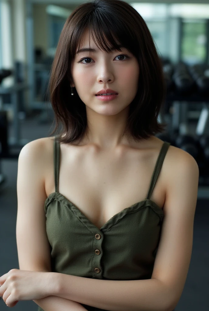 Highly detailed CG unity 8k wallpaper, of the highest quality, Super detailed, masutepiece, Realistic, photographrealistic, extremely detailed cute girl, 25yo, cleavage , (perspired) ,  Round eyes, peeping at the viewer,  Blush, Smile, parted lip, Semi-body shot , Realistic、track suit、Realistic reproduction with vests ,  Panties , Squat, sports gym, short  hair 