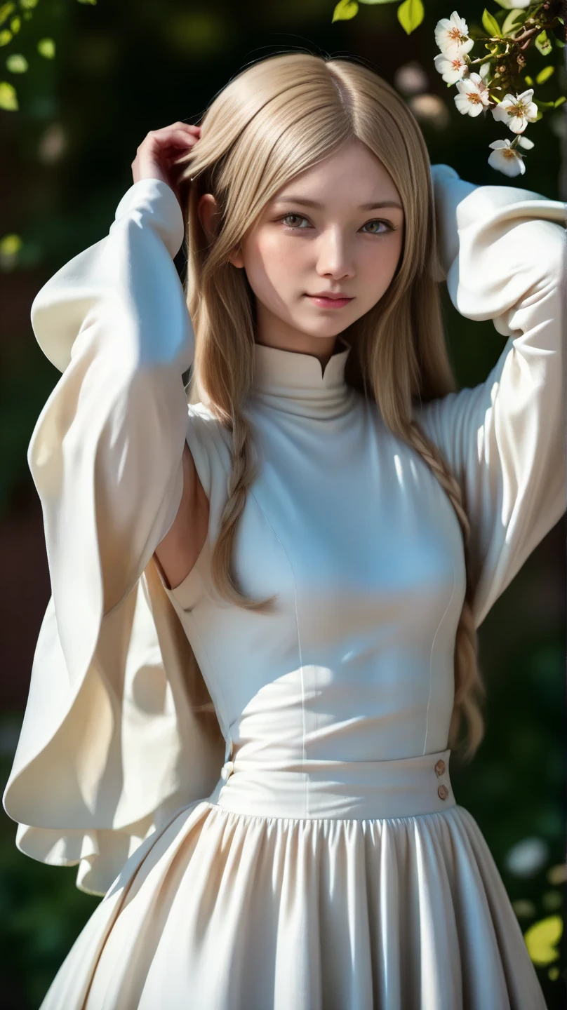 strong light, strong contrast, In a cave with an open roof、Sunlight shines through green moss and ferns。, and open it( seascape:1.1) bottom, Cel Shaded Rendering, 4K, 360 degrees, equirectangular projection, what, one girl, 30 year old woman、Beautiful woman、long blonde hair、white latex leotard、white long boots、white arm covers、masterpiece, 最high quality, high quality, high resolution, (((face close up)))、big bust、split