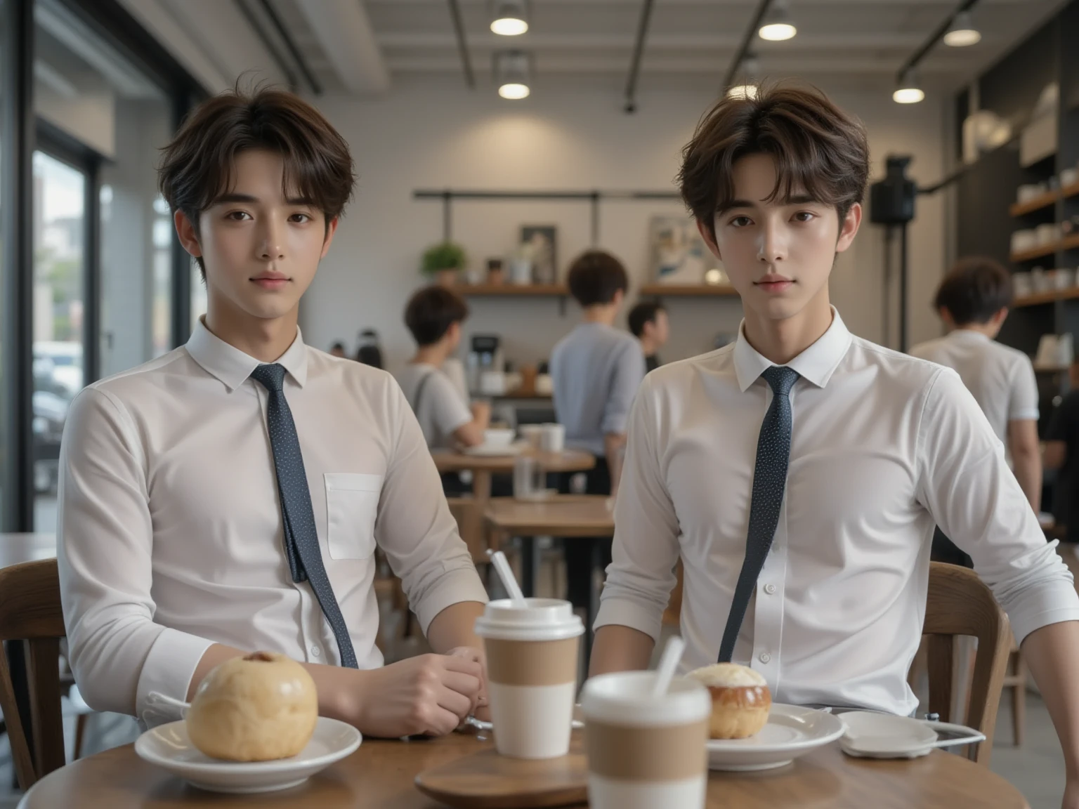 They are in a café with a menu and cups, Alessio Albi and Shin Jeongho, Cai Xukun by Jang Seung-eop, Jin Shan and Ross Tran, Gunwoo Kim and J.Dickenson by Jeonseok Lee, gay, by Ni Yuanlu, yaoi, inspired by Jeonseok Lee, smiling and romantic, for book cover
