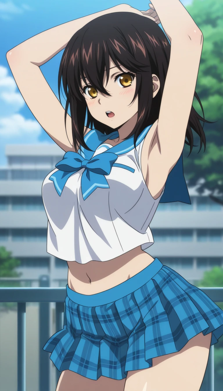 (nsfw:1.1),wearing cheerleader outfit,(day:1.7), Japan, Tokyo, classroom, (upskirt:1.8),(from very below,ceiling:1.8),(full body shot), (cute-cheerleader-uniform-costume:1.9),black_hair,Long_hair,Bangs,ponytail,cleavage,(rope shibari over the clothes:1.8),(arms up,tie both wrists together:1.7),((stand split leg:1.8, i-balanced:1.9, show white-high-cut-panty from micro-miniskirt:1.6)),Beautiful character design, perfect eyes, perfect face,(frown,closed mouth,clench teeth,disgust,crying,closed eyes tightly,glareing,anger,sad,nose-blushing,:1.2), looking at viewer, official art,extremely detailed CG unity 8k wallpaper, perfect lighting,Colorful, Bright_Front_face_Lighting, (masterpiece:1.0),(best_quality:1.0), ultra high res,4K,ultra-detailed, photography, 8K, HDR, highres, absurdres:1.2, Kodak portra 400, film grain, blurry background, bokeh:1.2, lens flare, (vibrant_color:1.2) (Beautiful,medium_Breasts:1.4), (beautiful_face:1.5),(narrow_waist),
