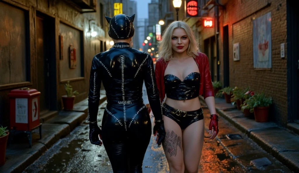 Harley Quinn kissing catwoman. Full body shot