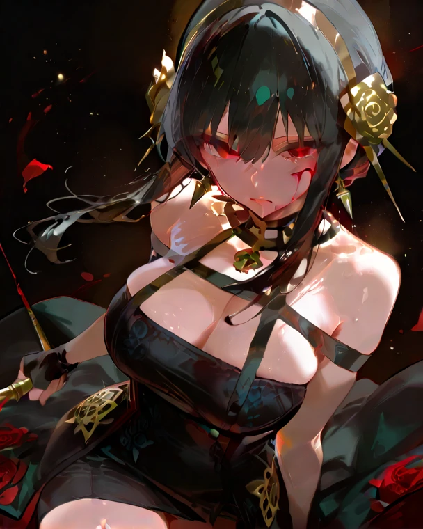 Long black straight hair,Dark green pupils,Gold and black clothes,Sexy big breasts,Beautiful fairy in the sky