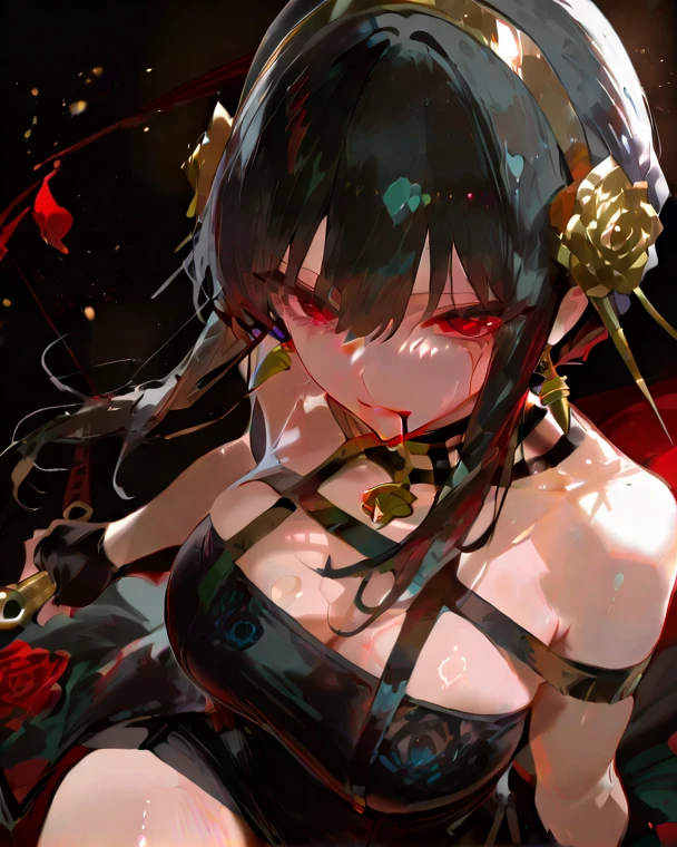 1girl in,10years old cute girl,skin tanned,Dark eyes,Wavy Hair,Red-haired,a bed,all-fours,Rose petals,Spread legs wide,very messy long hair,Black tube top,Black Hot Pants,,smily face, grin,(masutepiece:1.1), (Best Quality:1.2), (The artwork:1.1),Sloppy pose,Face close-up,,