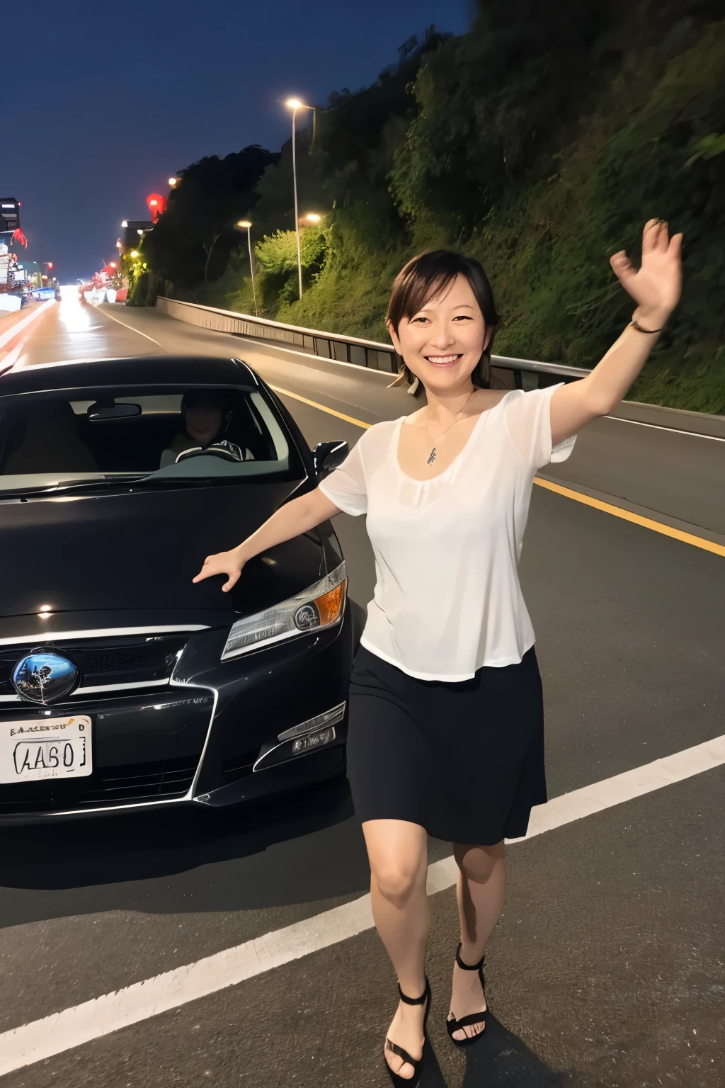 Car parts are scattered on the highway, and a black Prius is parked on the side of the road with its front end crashed. With this in the background, 44-years old Hirosue Ryoko is walking towards us.at night, She has her arms outstretched, posing like a cat scratching.