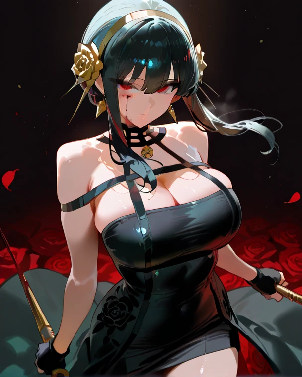 yor briar,
1girl, backlighting, bare shoulders, black background, black dress, black gloves, black hair, blood, blood on face, blood on weapon, breasts, closed mouth, cowboy shot, dress, earrings, expressionless, fingerless gloves, floating hair, floral print, flower, gloves, gold earrings, big breasts, cleavage, gold hairband, hair flower, hair ornament, hairband, holding, holding weapon, jewelry, large breasts, light particles, long hair, looking at viewer, off-shoulder dress, off shoulder, petals, red eyes, rose, rose petals, rose print, short hair with long locks, sidelocks, solo, spikes, thighs, two-sided dress, two-sided fabric, weapon
, ((masterpiece))