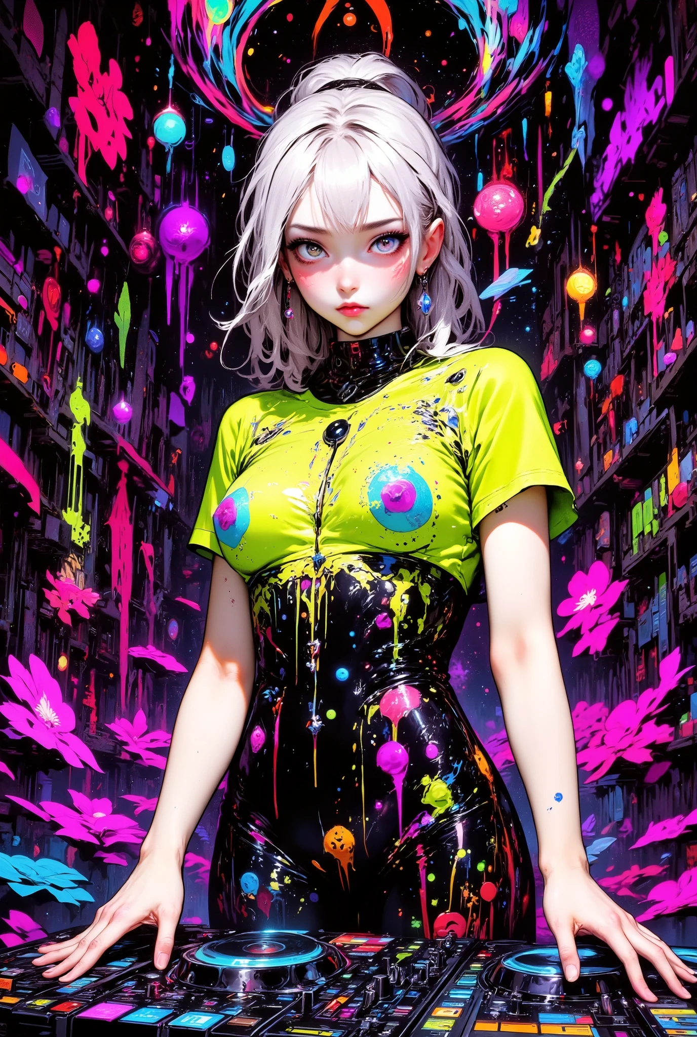 1 girl, japanese, ((soft silver low ponytail hair)), 8k, Masterpiece, Top Quality, Close-up, neon body paint, honeycomb pattern, brightly colored shirt, psychedelic designs, neon green, orange, purple, DJ mixer, hands, controls, vibrant background, psychedelic tapestry, swirling patterns, flowers, circles, neon colors, deep blues, purples, rave, electronic music, strong lighting, multicolored lighting, detailed person, high resolution, 32K, realistic depiction,  (masterpiece, highres, high resolution:1.2), choker, (earrings:0.1), necklace, japanese, (((blushing))), solo, smile, big lips, perfect body, Please open your mouth a little, ((five fingers)), (Anatomically correct), ((big  , big ass)), curve, (((Stylistically diverse))), (((Macro))), close up shot : 1.8, profile, (((side view))), from side, 