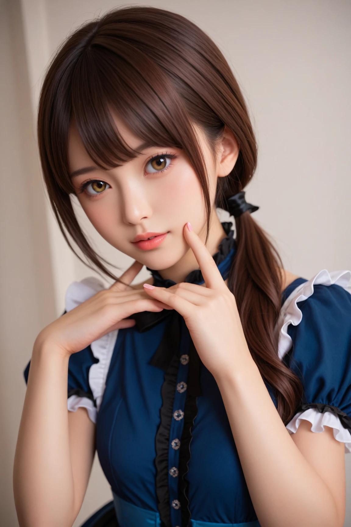 Tabletop, highest quality, shape, Very detailed, In detail, High resolution, 8k wallpaper, Perfect dynamic composition, ((close:1.3, From above, View your viewers)), Beautiful details , (Wearing a cotton maid outfit, , Cute Ruffle Girl Dress, Maid's headband, Base color is white、black、green),Twin tails