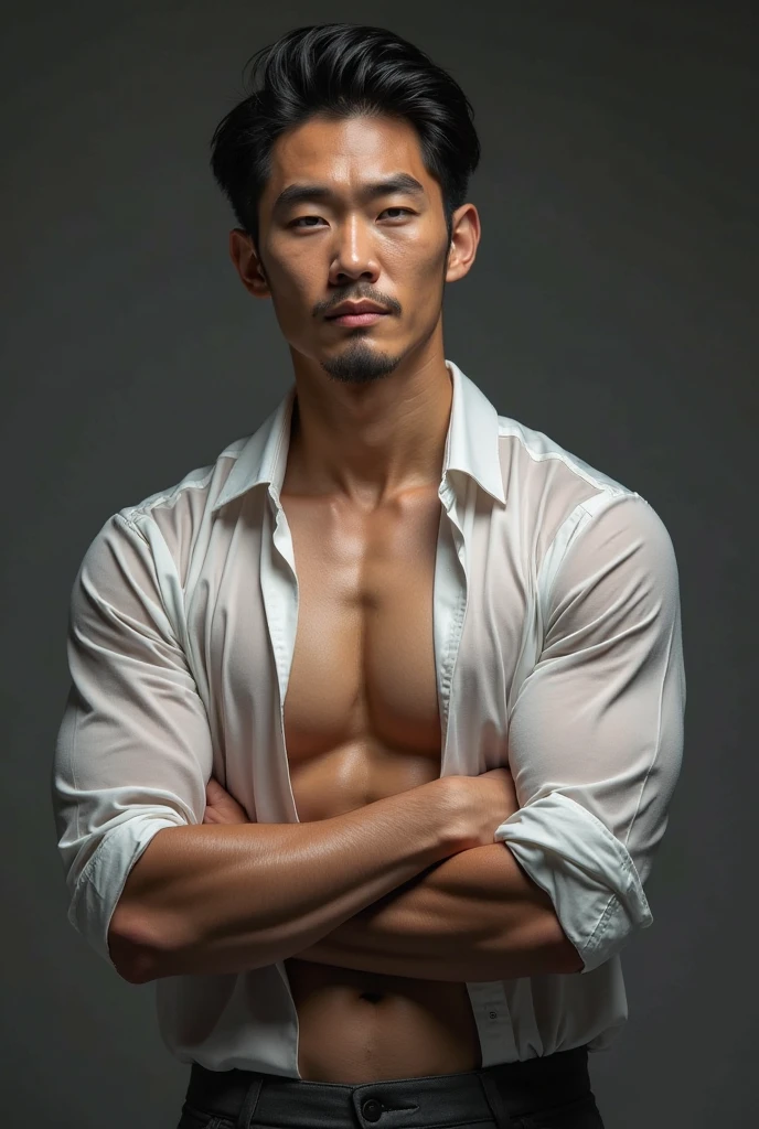 8k ultra high definition resolution、Real portraits、realistic melancholy、artistic conception、Diffuse light、chest hair、a little beard、Japanese Yamamoto Head Short Hair，Build muscle、Full body portrait，Handsome Japanese man, 40 years old,Protruding sexy,Charming eyes,Dignified and elegant,temperament,Very gentle and bright、vivid scenes