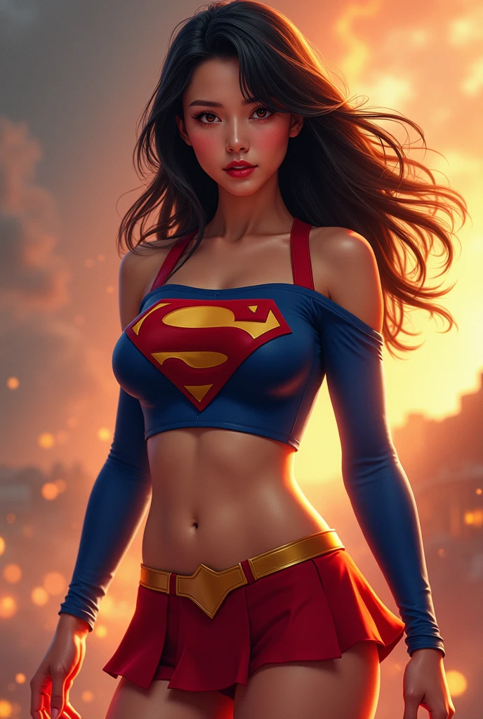 supergirl forte, rosto lindo, imponente, capa ao vento, DC Comics, Dan Jurgens, corpo inteiro, pose sexy, brasileira Paolla Oliveira, corpo inteiro, botas vermelhas longas de couro