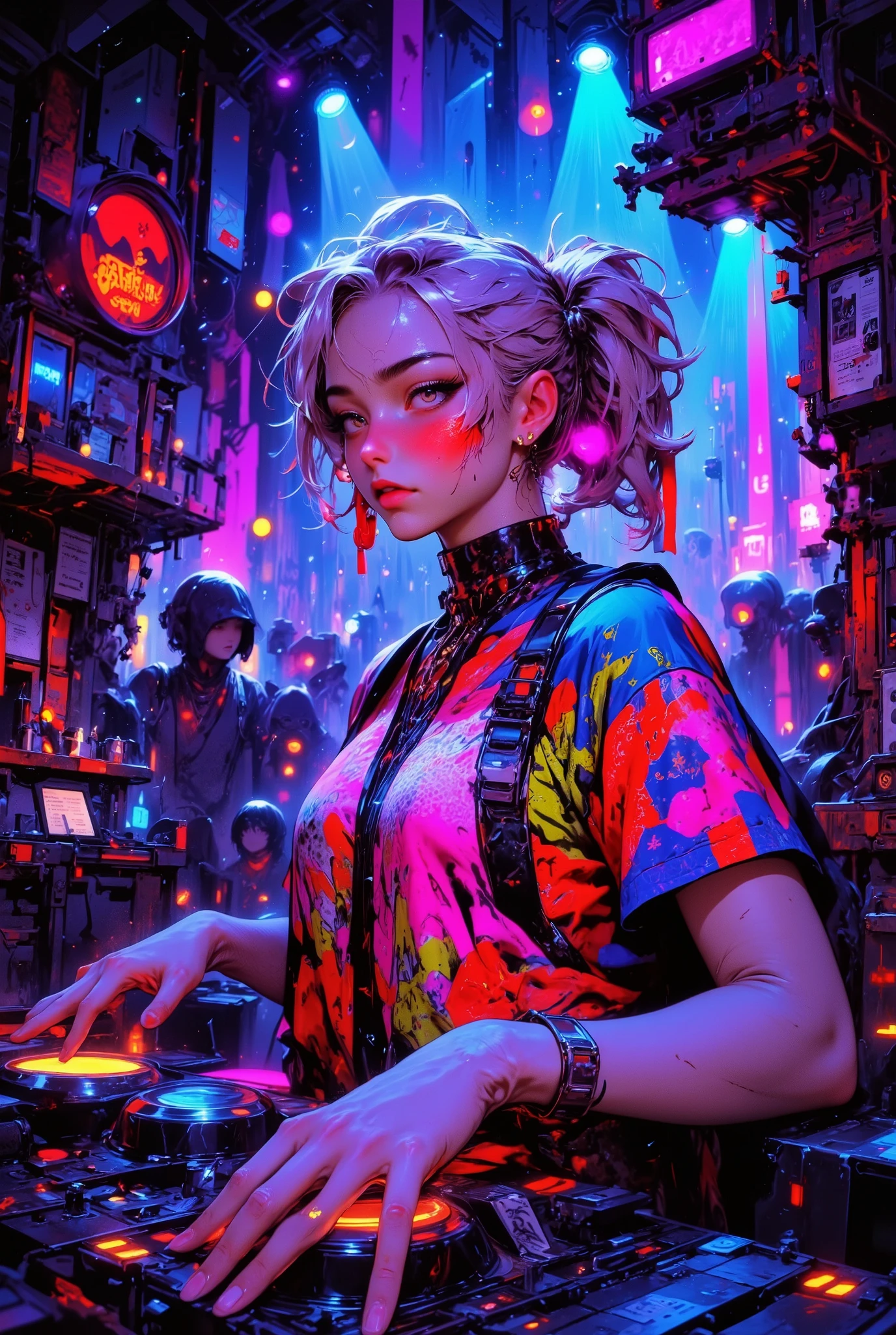 close up shot : 1.4, profile, (((side view))), from side, 1 girl, japanese, ((soft silver low ponytail hair)), 8k, Masterpiece, Top Quality, neon body paint, honeycomb pattern, brightly colored shirt, psychedelic designs, neon green, orange, purple, ((DJ mixer, hands, controls)), rave, electronic music, strong lighting, multicolored lighting, detailed person, high resolution, 32K, realistic depiction, (masterpiece, highres, high resolution:1.2), choker, (earrings:0.1), necklace, japanese, ((blushing)), solo, smile, big lips, Please open your mouth a little, perfect body, ((five fingers)), (Anatomically correct), (big ), curve, Stylistically diverse, Her body posture is dynamic, as she interacts with the DJ equipment, Her hands are on the turntables, expertly mixing music, The background is a blurred, vibrant nightclub scene filled with colorful, bright spotlights, showcasing a mix of blues, purples, and pinks, 