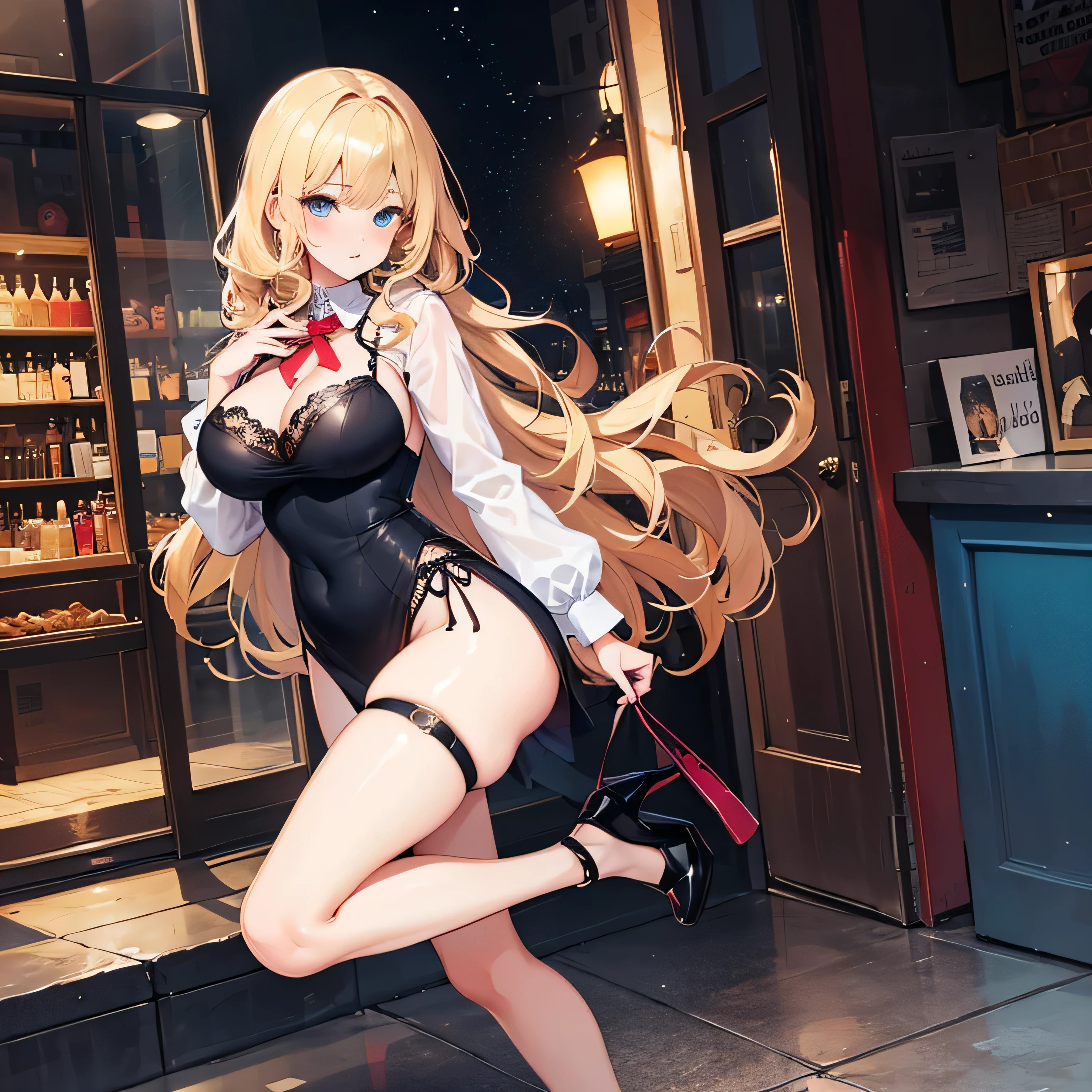 girl，Large Breasts，long hair，Topless，Bow，Blonde Hair, Purple Eyes, Cleavage，Large Breasts,whole body，foot