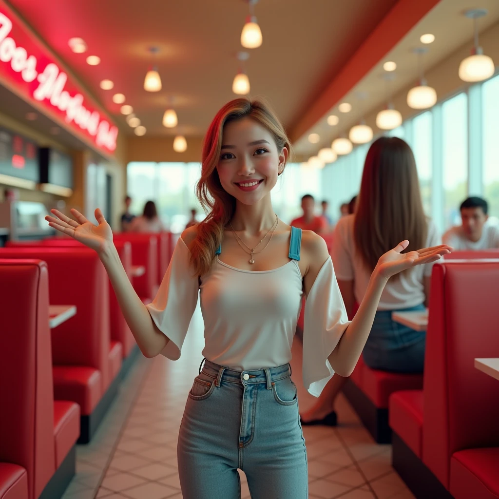 Change the background for this image,The background is inside a fast food restaurant