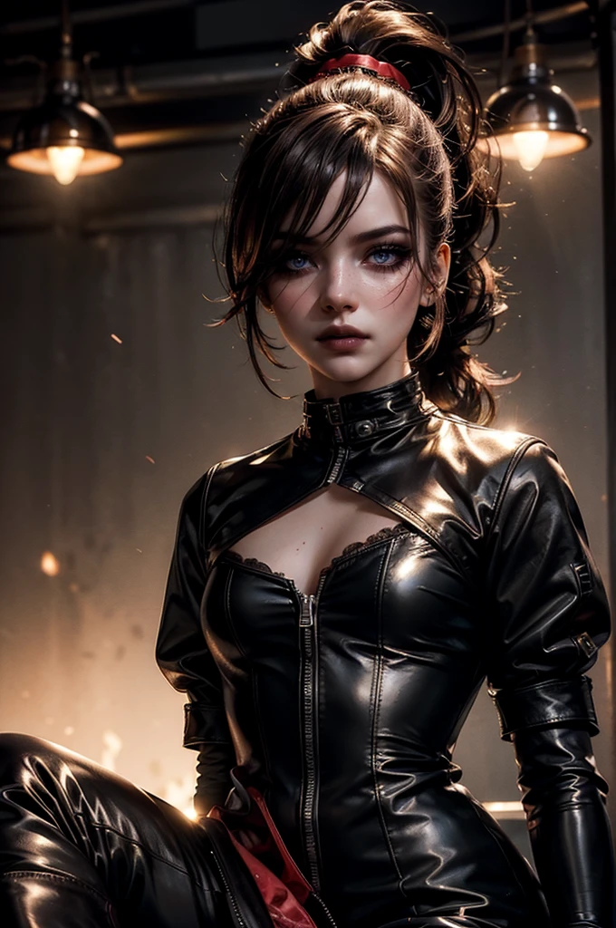 Tall and slender busty woman; medium shoulder length, black iridescent hair; fit, dainty body; amber-golden eyes; sharp jaw, siren eyes, full lips, full eyebrows, greek nose; best quality; trending on artstation; complex volumetric lighting; strong shadows; artistic lighting; dynamic; energetic vibe; realistic skin; specular highlights; micro-textures; highly detailed hair; wearing a black leather jacket