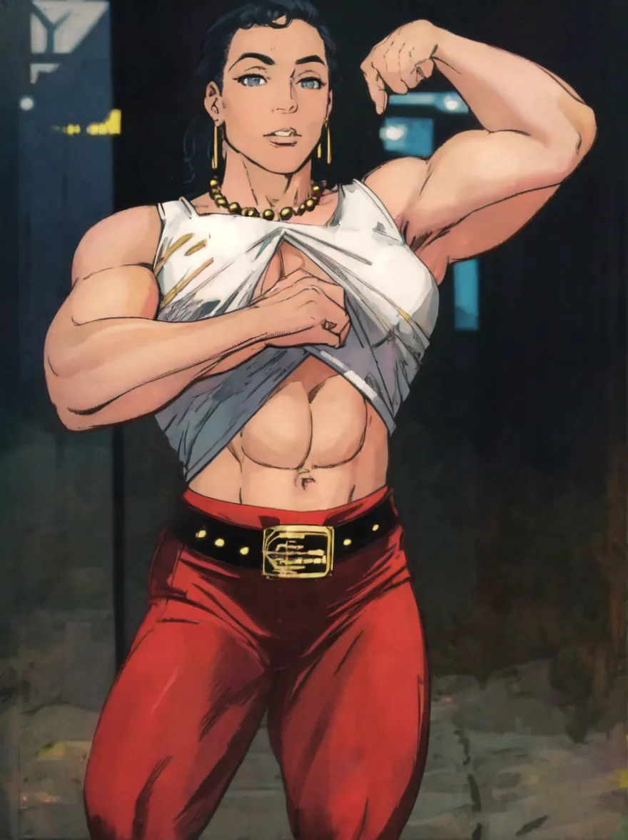 (high resolution, pixel perfect, gorgeous illustrations), (hyper quality, muste piece, etheric: 1.4), ((nsfw)), 1990s \(style\), retro artstyle, (((cowboy shot))), face focus, ((1girl)), (female savage), woman, dominatrix, (((sexy pose))), cool atmosphere, black hair, (((((slicked_back_hair))))), Exquisite face, (((black_lips))), blush, (((((((muscular_female))))))), (thick thighs, wide hips, Big breasts that are about to burst), fighter, (((wh_chi_armor))), ((leotard armor)), see through, (((((cameltoe))))), high heel boots, shiny skin, gleaming skin, sweat, simple background,