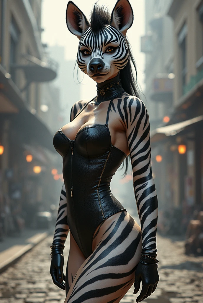 (masterpiece, photorealistic:1.4, extremely intricate:1.3), (photon mapping, radiosity, physically based rendering, ultra resolution, hyper-realistic, 8K), ((mature female, [bodybuilder:supermodel:0.8], ((([large breasts:medium breasts:0.4], black leather vest, chrome rivets, ((zebra bodypaint), topless)), ruby necklace, serious, sad, 30 years old, elegant:1.2)), long eyelashes, [side view:from above:0.3], ((makeup:1.2, red lips)), [skin detail:freckles:0.8]), ((background futuristic neon cyberpunk city street)) professional photograph, (((straight long hair [black hair:bright orange hair:0.6])))), BREAK ((sharp focus, dramatic, award winning, cinematic), bokeh, blurry background, interaction, metal reflections), bright eyes