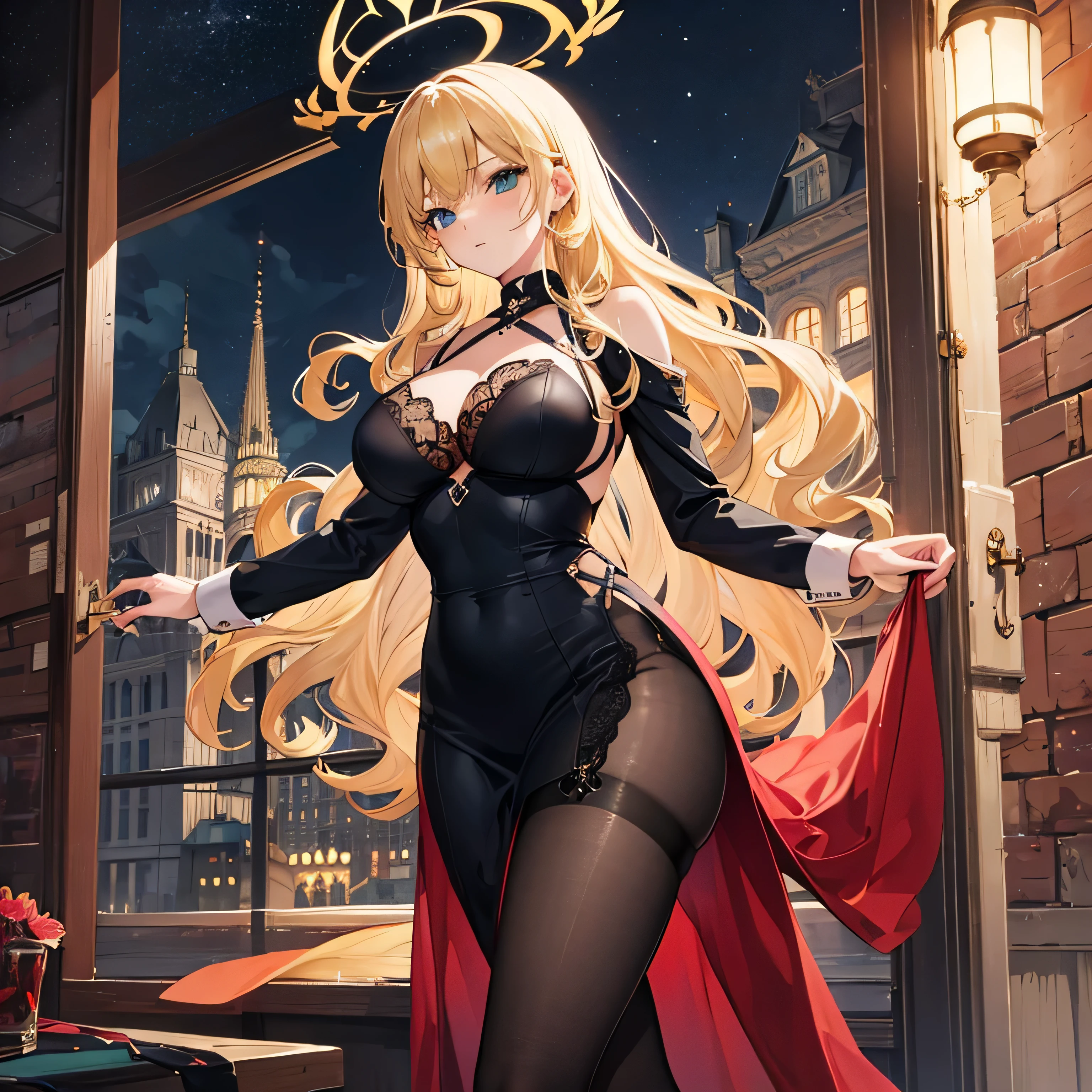 masterpiece, best quality, 1girl, solo, long hair, bangs, purple eyes, blonde hair, very long hair, dusk, blush, serious, serious expression,
arm support, bare shoulders, sitting, city, cityscape, fountain, fantasy,
gloves, long sleeves, hat, dress, cleavage, jewelry, closed mouth, jacket, pantyhose, earrings, black gloves, black dress, coat, black pantyhose, beret, short dress, red headwear, brown pantyhose, coat on shoulders,
 <lora:gambler_SD1_5v:0.65>
