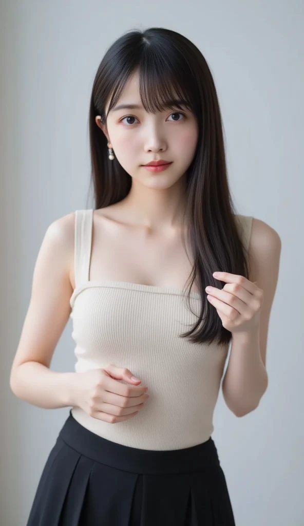 (lifelike, high-resolution:1.3), A Skinny Japanese lady with a perfect body, Super fine face and eyes, long hair, Tank top of random colors:1.2, small breasts, tiny waist, Expose cleavage, alone in a photo